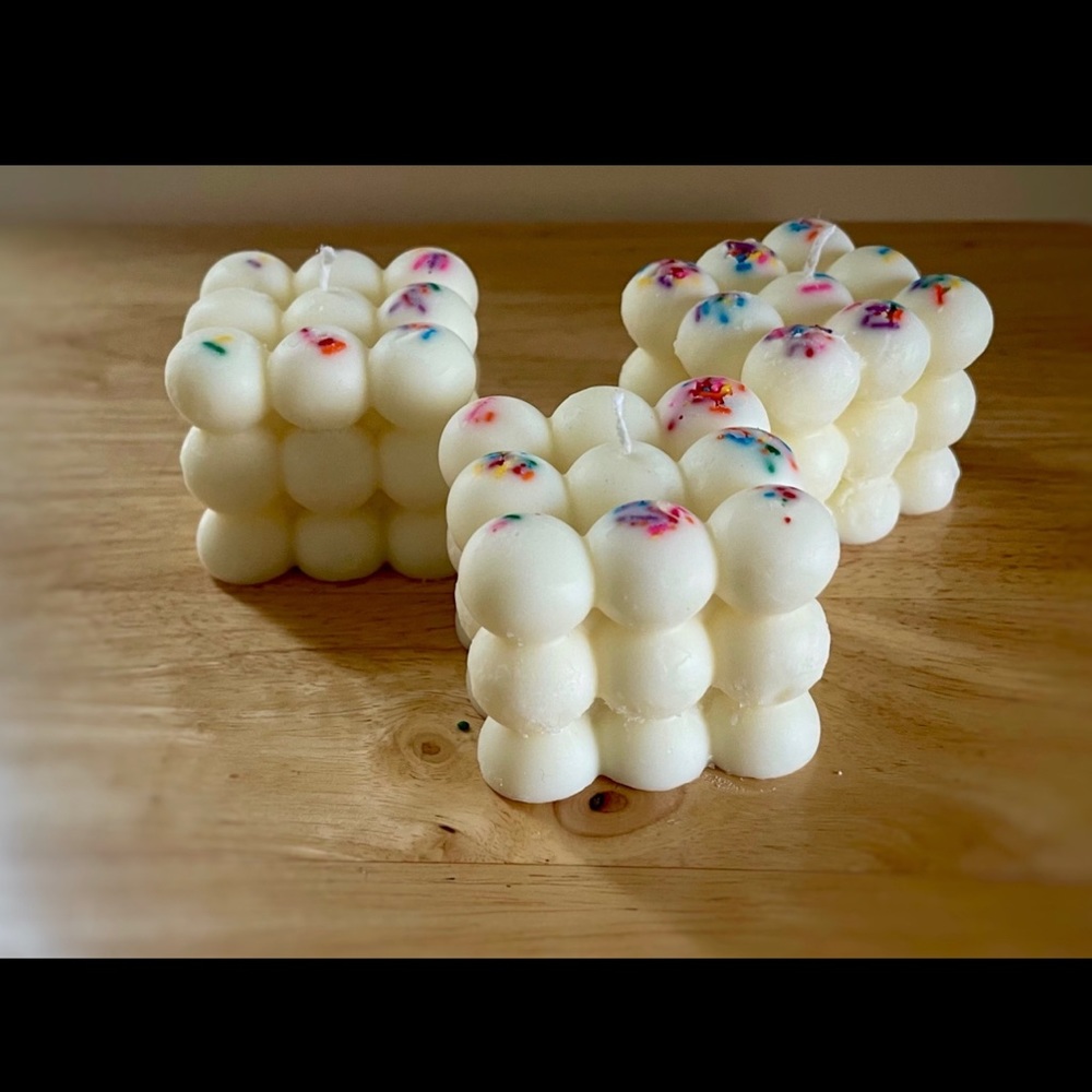 Birthday Cake Bubble Candles topped with real sprinkles. Eco friendly soy.